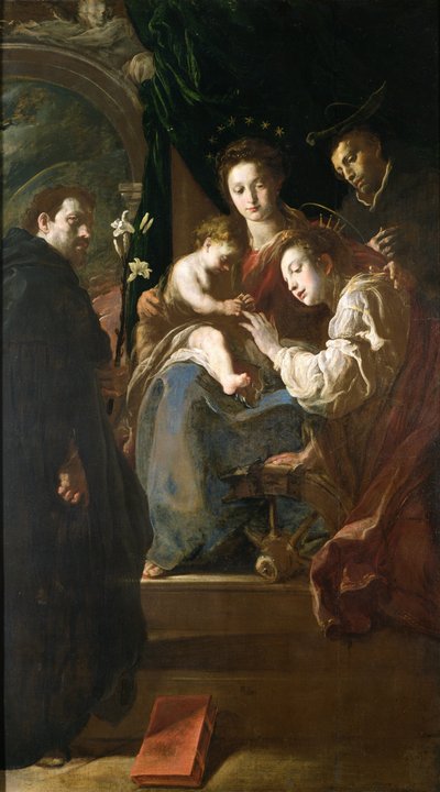 Mystische Hochzeit der Heiligen Katharina und des Christuskindes mit Peter dem Märtyrer, 1617-21 von Domenico Fetti or Feti